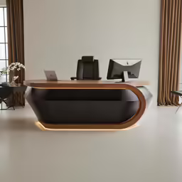 a modern, wooden desk sits in a white room with large windows