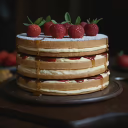 a stack of cake with strawberries sitting on top of it