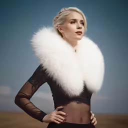 woman wearing black mesh top with white fur scarf