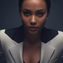 the woman is dressed in white leather clothes