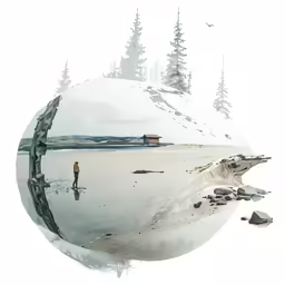 an abstract snow globe image of a person on a beach and trees