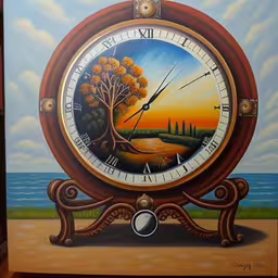painting of an old time clock on canvas, with scenic ocean in background,a painting that is of an analog clock with the painting