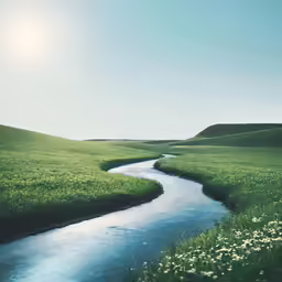 a stream running through a green field with flowers