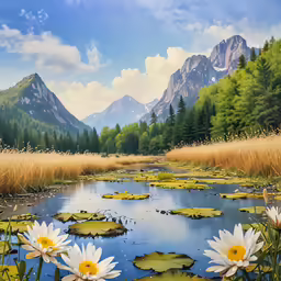 a painting of water lilies and mountains