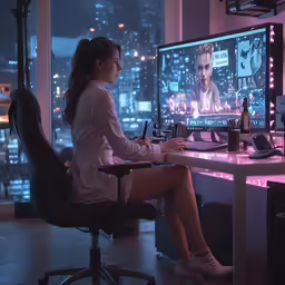 a woman is sitting at a desk in front of the computer screen