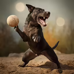 a dog playing with a ball in the sand