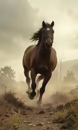 the horse is galloping with the light in the sky