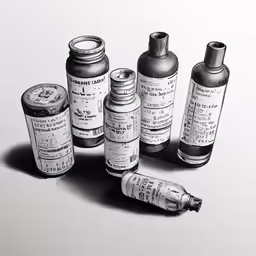 five medicine bottles are shown in black and white