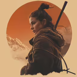 the character from the movie mado is shown holding a sword and standing on top of snow