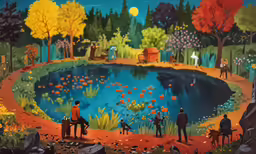 a painting of people sitting around a pond