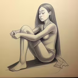 the image has been altered to be in pastel,a drawing of a woman sitting on the ground