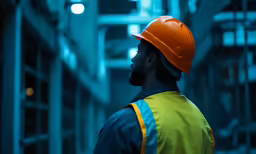 a man wearing an orange helmet is in a factory