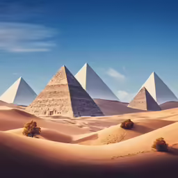 four pyramids in the sand near trees