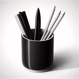 a bunch of silver pen pens sitting inside of a cup