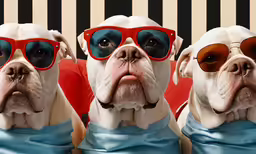 three dogs with glasses on their faces posing for the camera
