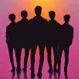 a group of people standing in front of an orange and pink background