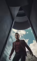 the man is walking under a modern structure