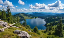 a view looking across the valley to a large lake surrounded by mountains