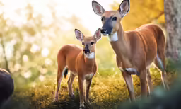 two young deers standing in the grass next to each other