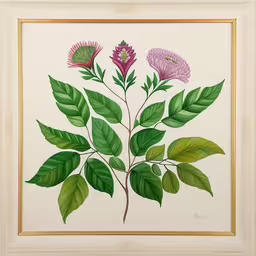 the picture has a leaf and flower arrangement inside,an illustration of flowers is displayed in a frame