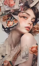 a girl with paper roses in her hair
