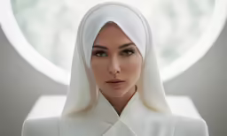a woman with white clothes looks up into the distance