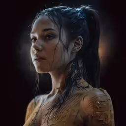 a young girl with wet face and her hair in a ponytail