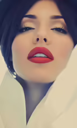 a woman with bright red lipstick and black hat