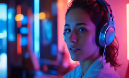 a girl in the room wearing headphones