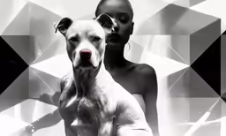 two woman and a dog sitting together in front of a white background