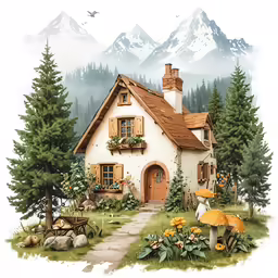 a small white cottage surrounded by trees and mountains