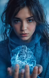 the young woman is holding a blue light