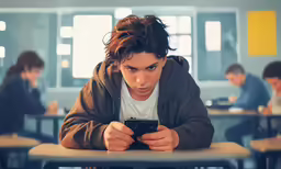 a young man sitting at a table looking at his cell phone