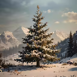 a beautiful view of the mountains and a lone fir tree
