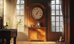 an old wooden clock sits in the corner of this room