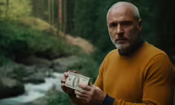 man holding a handful of money in front of a river