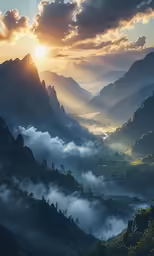 a beautiful view of a valley with clouds in the foreground
