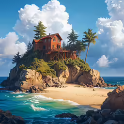 this is an image of a house on a small island