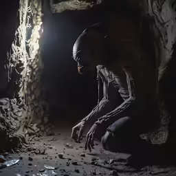 a person squatting down in a dimly lit room