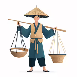an asian woman holding two scale and holding an object