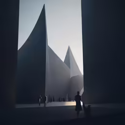 people in an arch of the building and one man is kneeling down