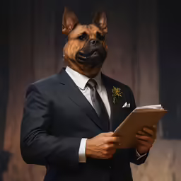 a dog dressed in a suit reading from a book