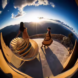 two women in dresses are sitting at a circle bench