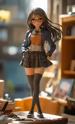a girl stands on a table wearing glasses