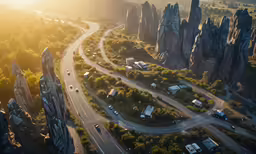 an aerial view of a mountain road and the sky