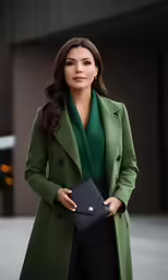 the beautiful woman is posing in her green coat