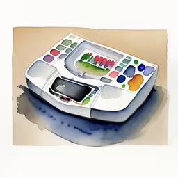 an ink sketch of a computer sitting on top of a table,a drawing of a phone, some of which is empty