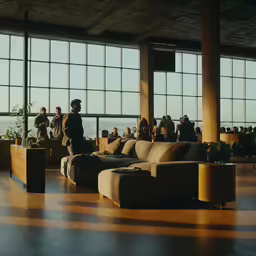 a person stands next to a couch in an open room