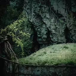 some grass and trees on a hillside with some rocks