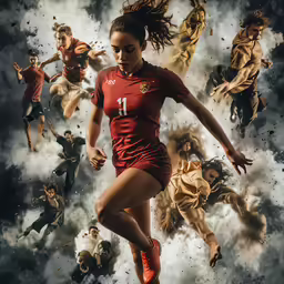 an illustrated series of athletes running in front of a crowd of people